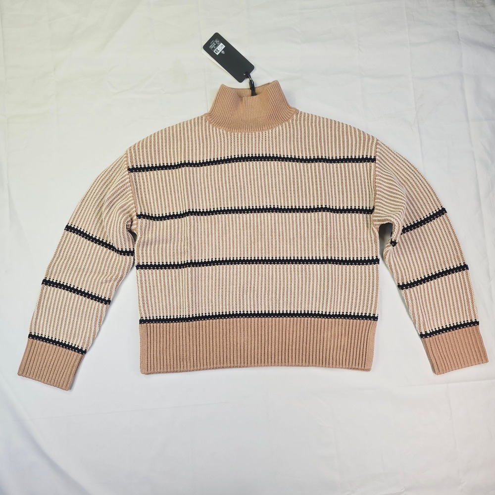 Varley Holland Knit Sweater Women's Size XS Beige Striped Mock Neck Ribbed New